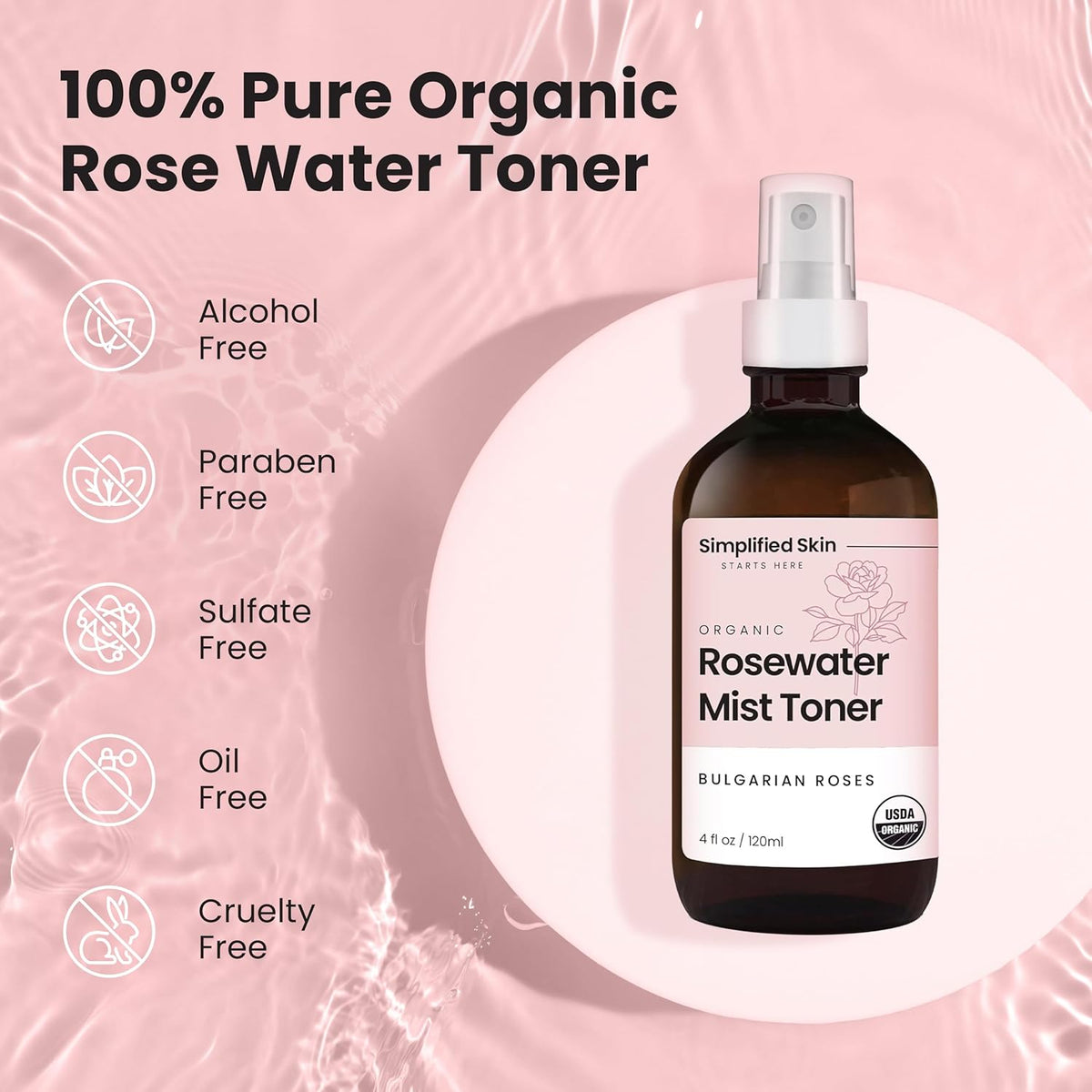 Rose Water Spray for Face & Hair (Refill) - Organic USDA Certified Rosewater Facial Toner