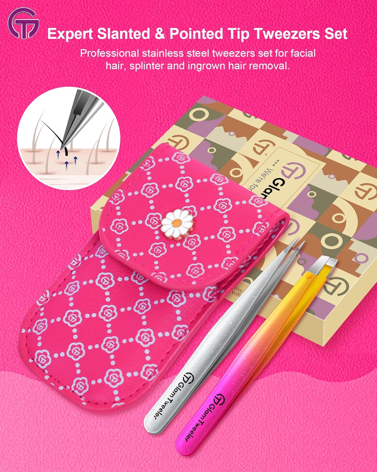 Expert Slant and Point Tip Tweezer Set with Exclusive Travel Case, GlamTweeler Sharp & Precision