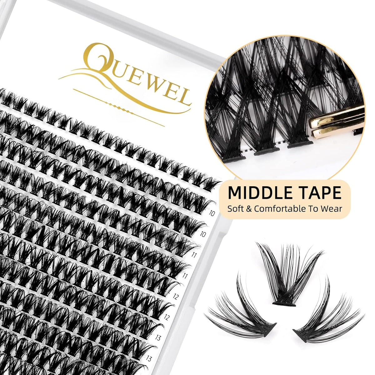 QUEWEL Cluster Lashes 240Pcs Individual Lashes 50D 0.07 D Curl Mix8-14mm Lash Extensions Clusters