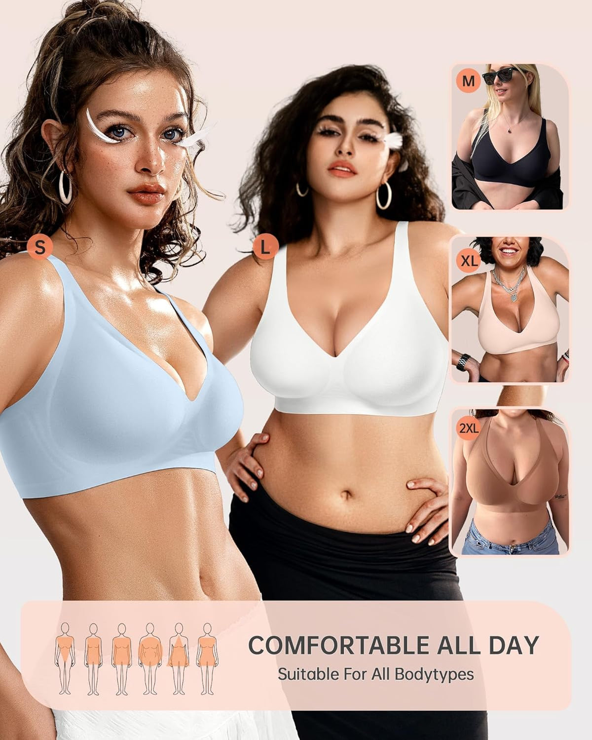 OEAK Womens Deep V Bras Wireless Comfortable Bra Supportive No Underwire Bras Tshirt Push Up
