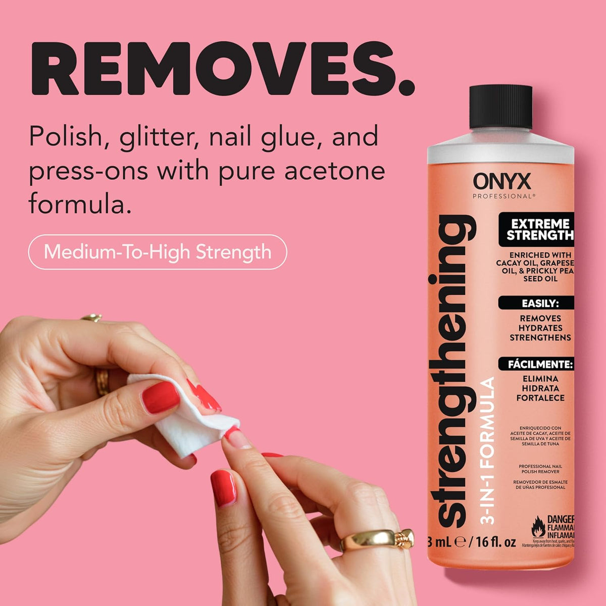 Onyx Professional 3-in-1 Strengthening Nail Polish Remover with 7 inch Nail File, 16 fl oz