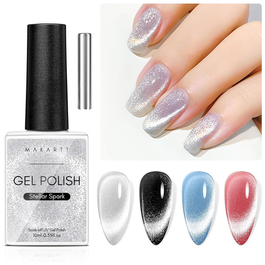 Makartt Universal Silver Cat Eye Gel Polish: Sparkle Glitter Nail Polish Holographic Magnetic Gel