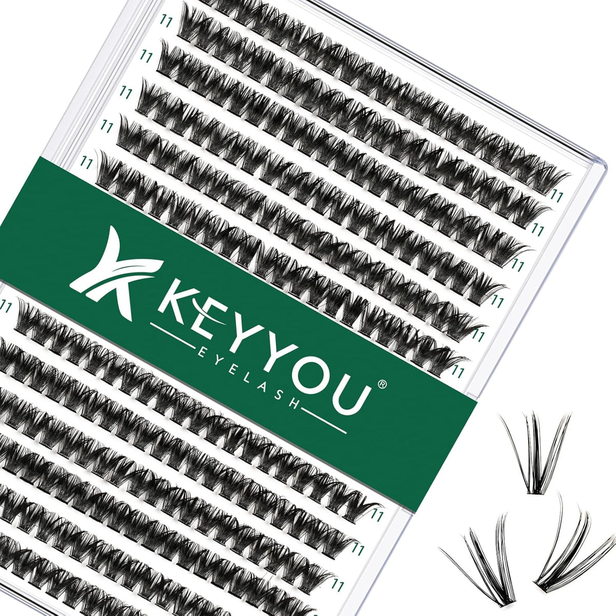 Lash Clusters 300pcs Individual Lashes 50D 0.07C Curl 11mm DIY Eyelash Extension KEYYOU Large Tray