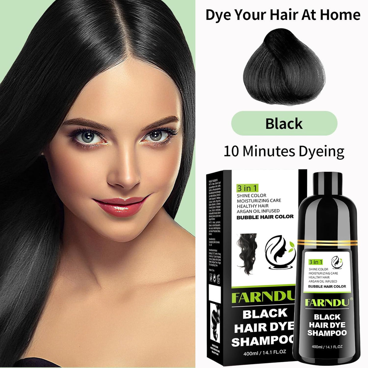 Black Hair Dye Shampoo for Women & Men, Gray Hair Coverage Herbal Natural 3 in 1 Hair Color