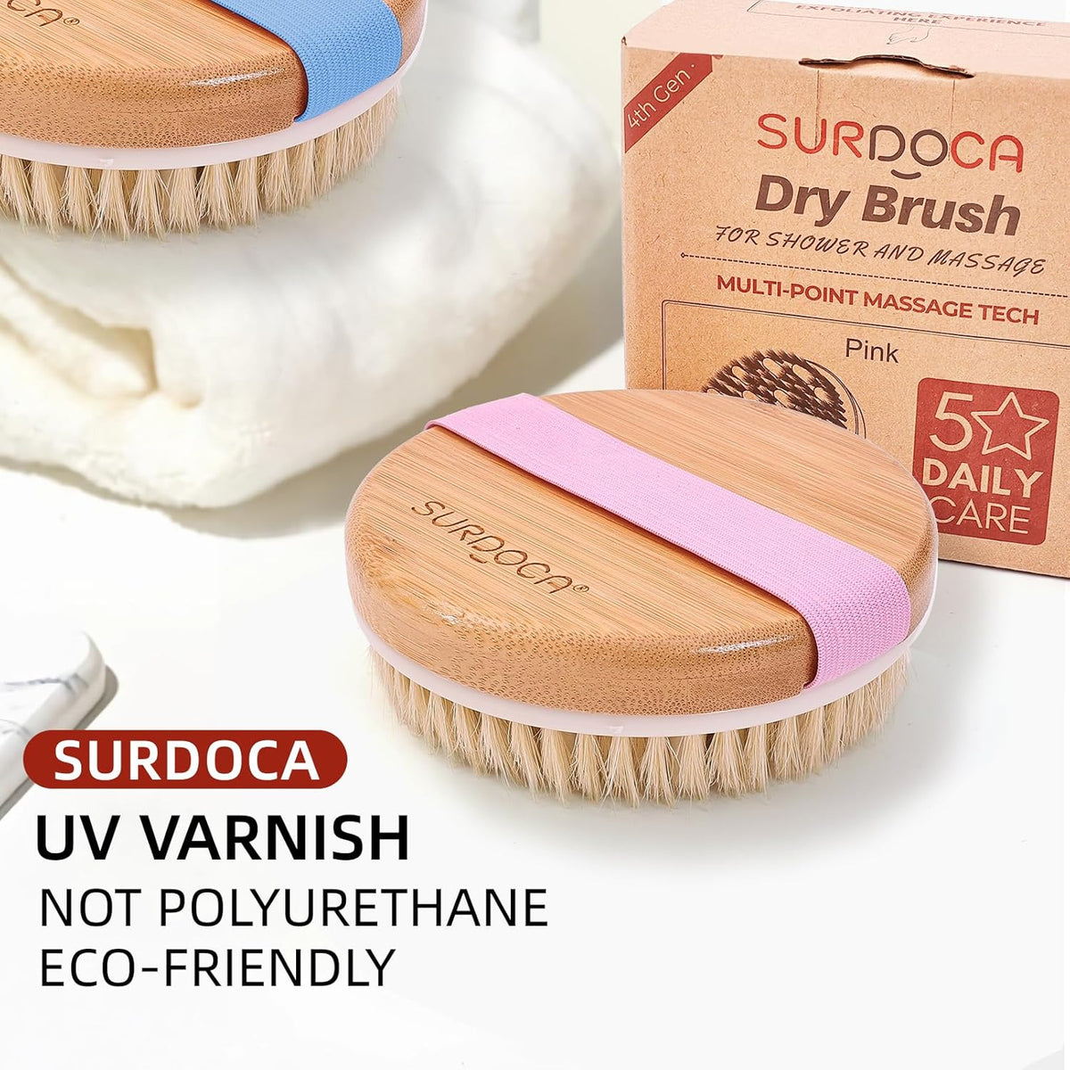 SURDOCA Dry Brushing Body Brush for Lymphatic Drainage, Wet & Dry Body Scrubber, Natural
