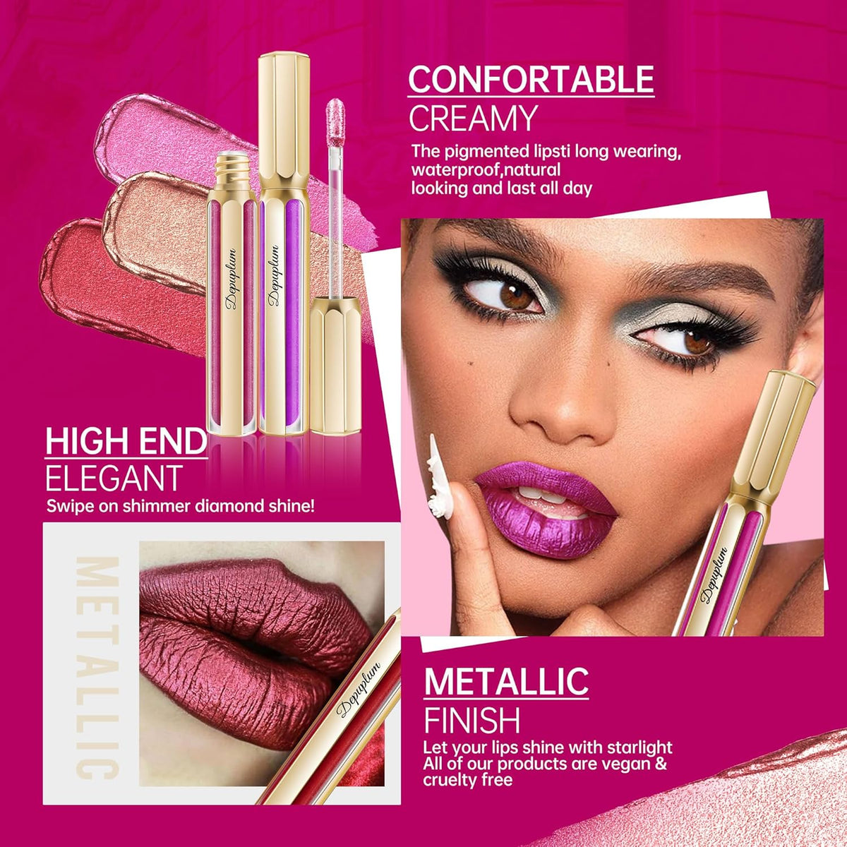 Gold Lipsticks for Women Metallic Lipstick Long Lasting Non Stick Cup Lip Gloss, Shimmer