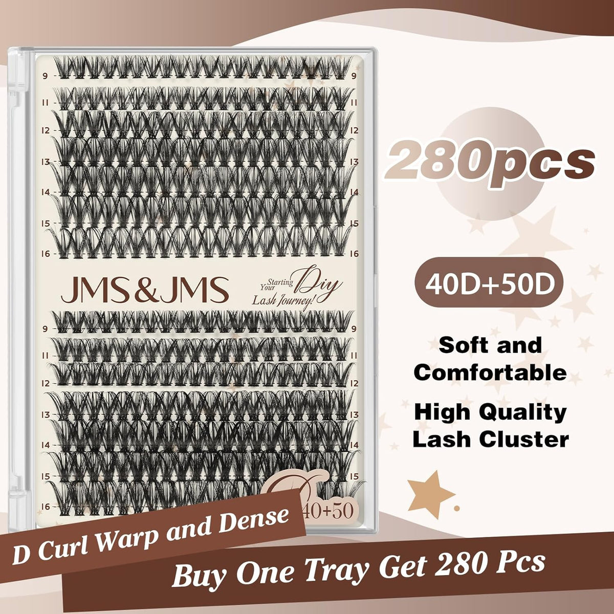 JMS&JMS DIY Lash Extension 280PCS Lash Clusters D Curl Individual Lashes 40D+50D 9-16MIX Cluster