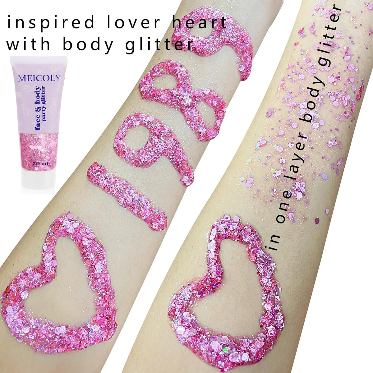MEICOLY Pink Face Glitter,Pink Body Glitter,Sparkly Hair Glitter,Singer Concerts Lover Heart Chunky