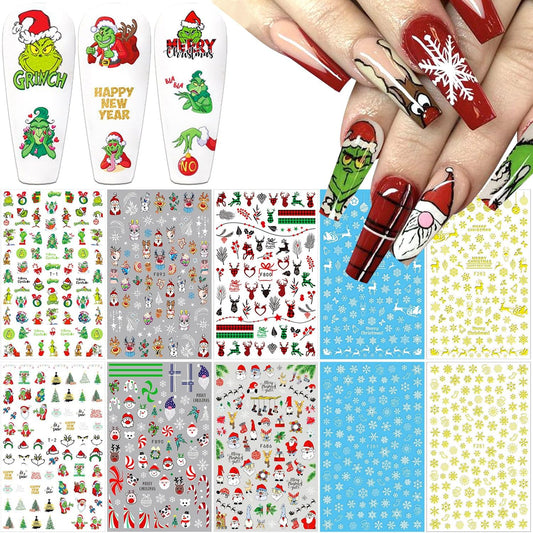 10 Sheets Christmas 3D Nail Art Decals - Gold White Snowflake Santa Claus Snowman Buffalo Plaid
