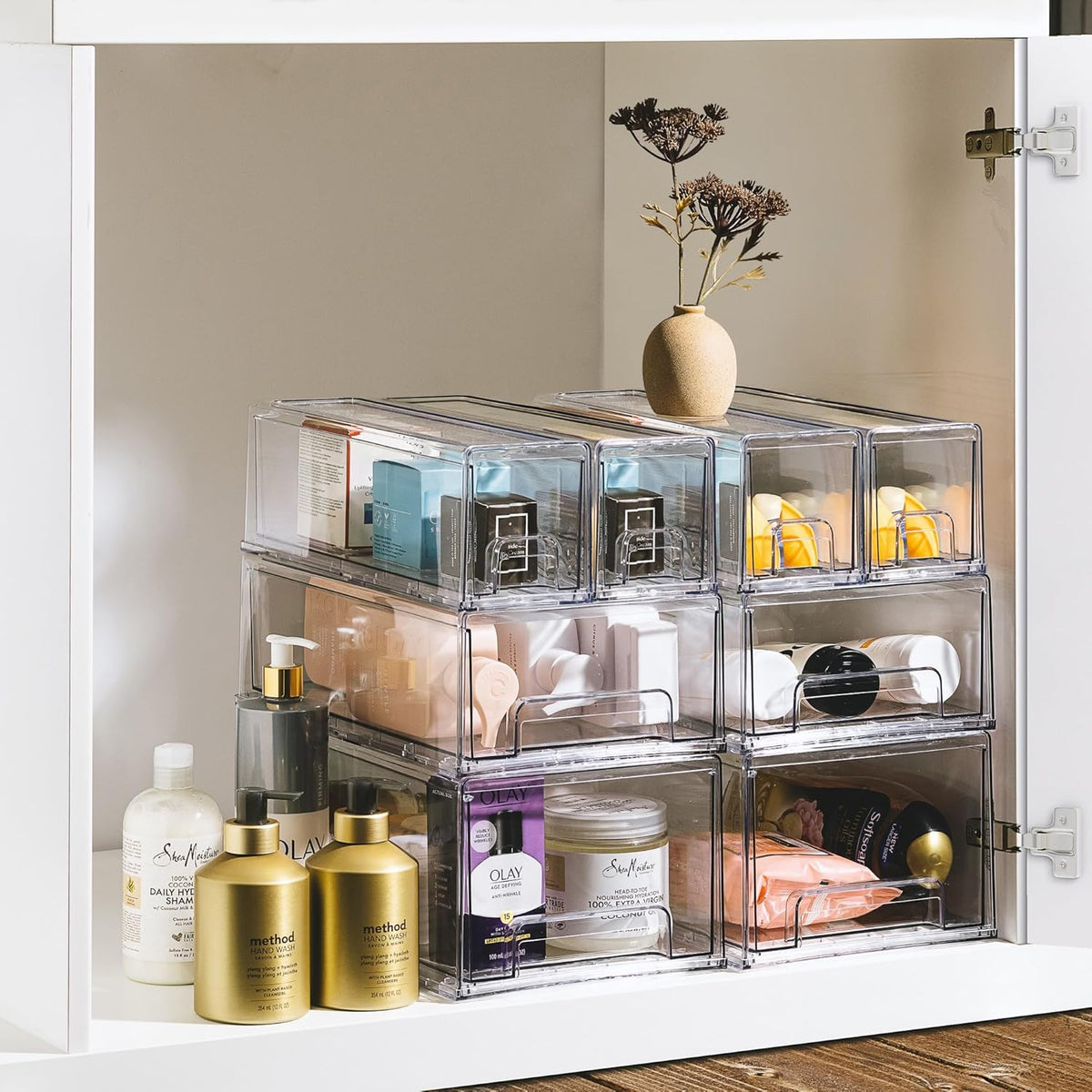 Sorbus Small Clear Stackable Storage Drawers – 4-Pack Plastic Organizer Bins with Handles