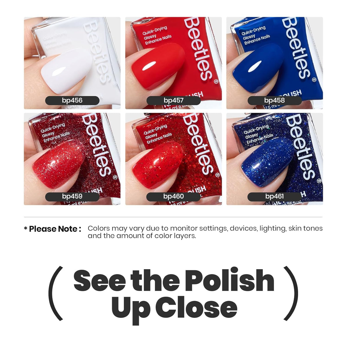 Beetles 4th of July Nail Polish Set - 6 Colors White Red Blue Nail Polish Kit Sparkle Glitter