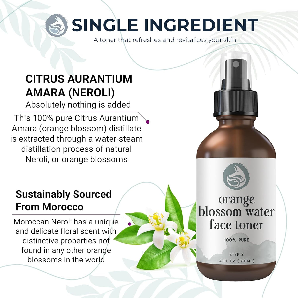 Orange Blossom Water Face Toner - Alcohol-Free Daily Facial Toner Spray 100% Natural for Sensitive