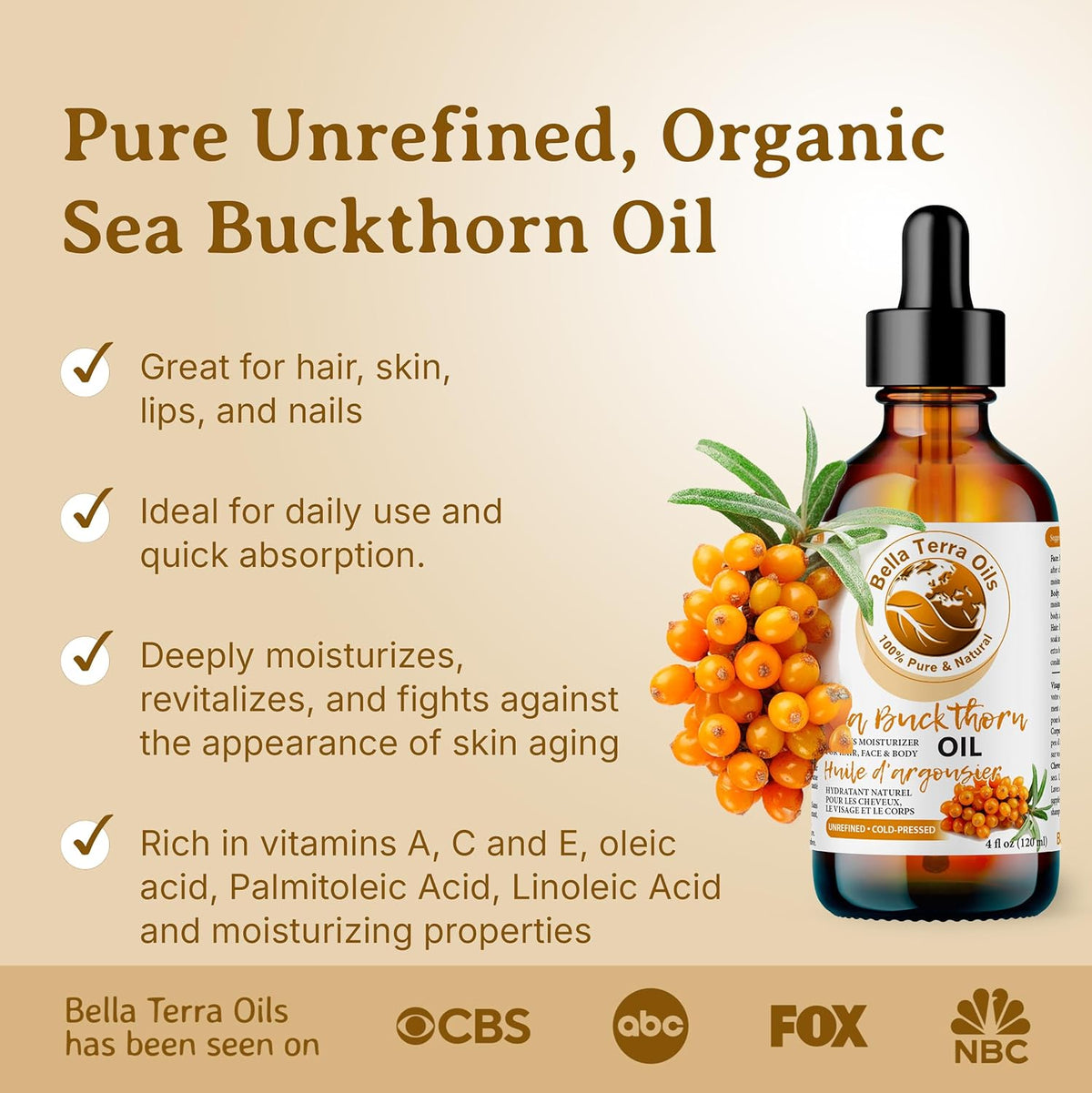 Bella Terra Oils - Seabuckthorn Berry Oil 4oz - Experience Nature's Luxurious Touch, Brimming with