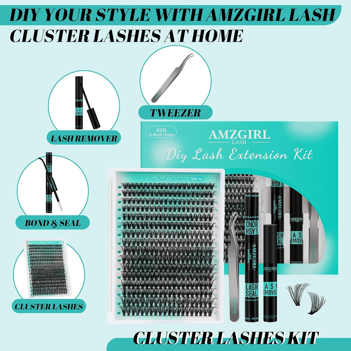 Lash Extension Kit 320Pcs,DIY Individual Lashes Clusters Kit,Lash Bond And Seal,Lash Remover For