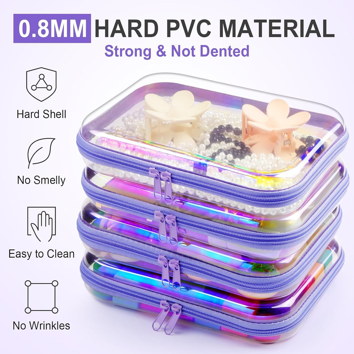 Hoolerry 4 Pcs Hard Clear Zipper Case Makeup Bags Plastic Pencil Pouch Transparent Storage Box