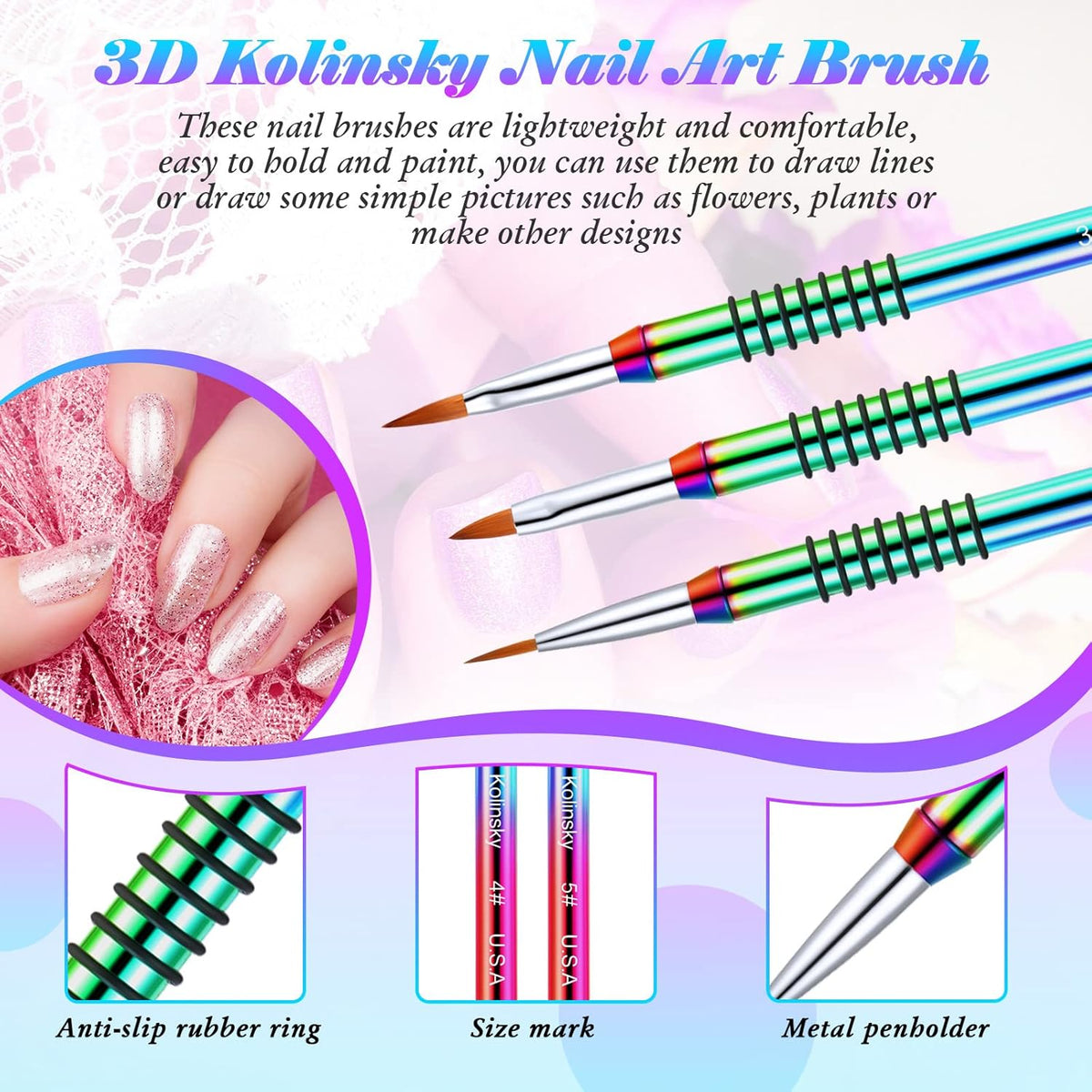 Patelai 3 Pcs Kolinsky 3D Nail Art Brush Set for Acrylic Powder Sculpture Nail Art Brush Size 2/4/5