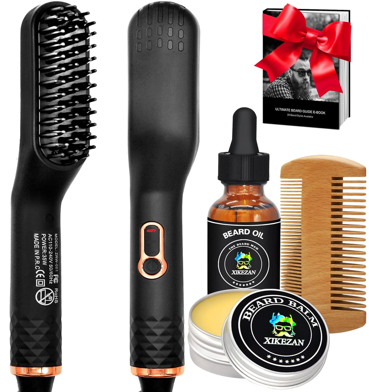 Beard Straightener w/Beard Oil & Balm & Guide E-Book,Upgraded 3 in 1 Hair Straightener Brush Beard