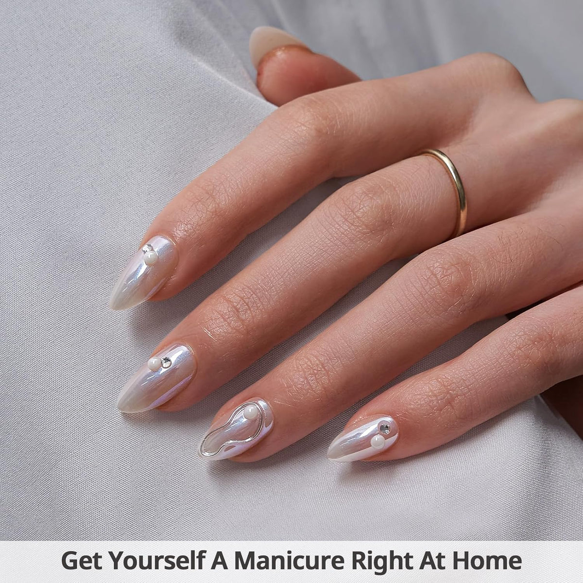BTArtbox Press On Nails Short - Pearl Accents Chrome Almond Press On Nails with Glue for Women