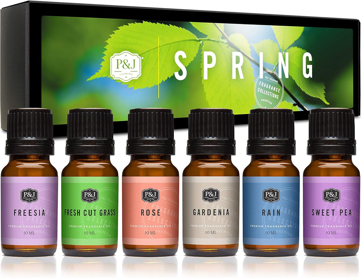 P&J Trading Spring Set of 6 Fragrance Oils - Gardenia, Sweet Pea, Fresh Cut Grass, Rain, Freesia