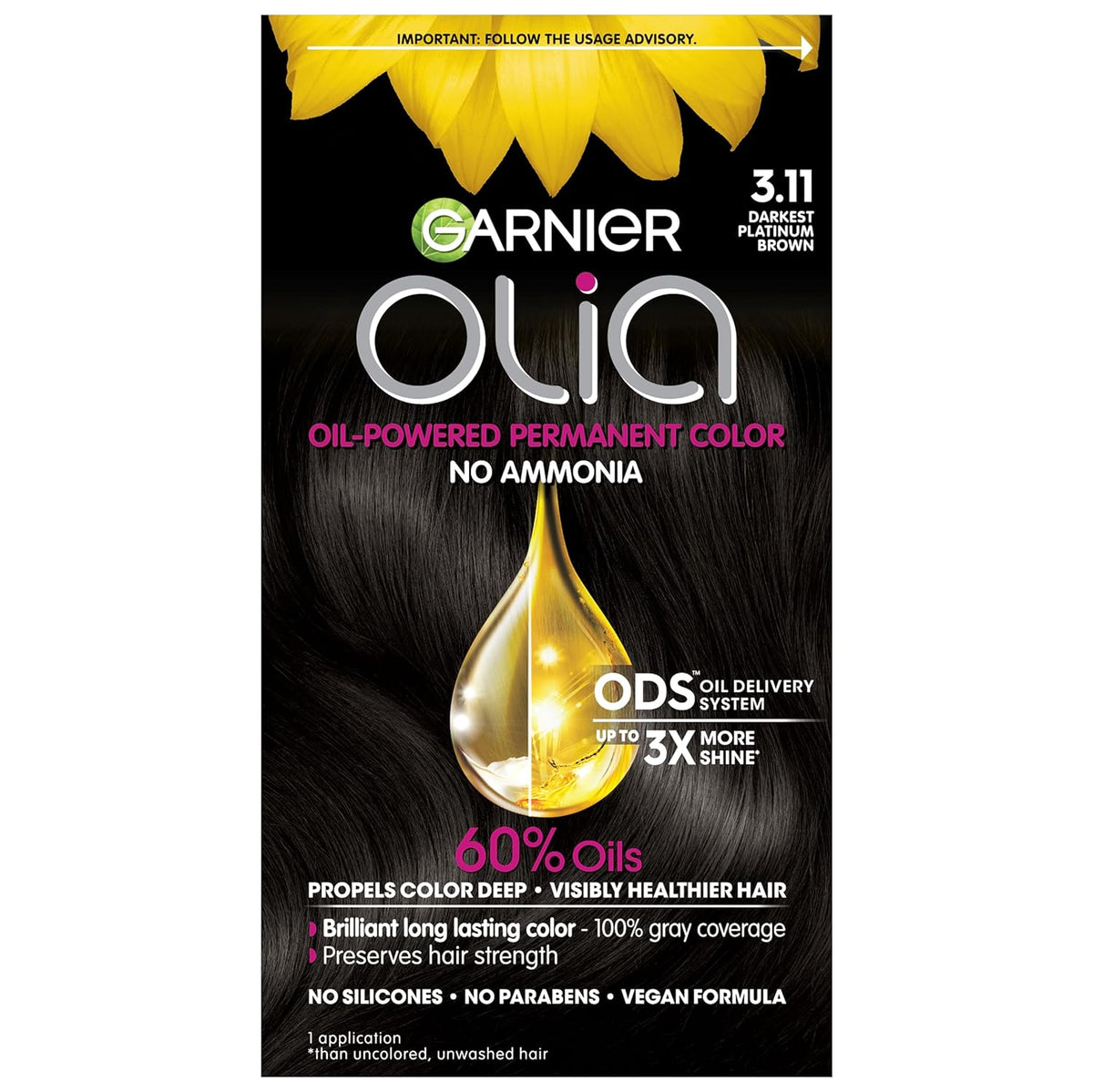 Garnier Hair Color Olia Ammonia-Free Brilliant Color Oil-Rich Permanent Hair Dye, 3.11 Darkest