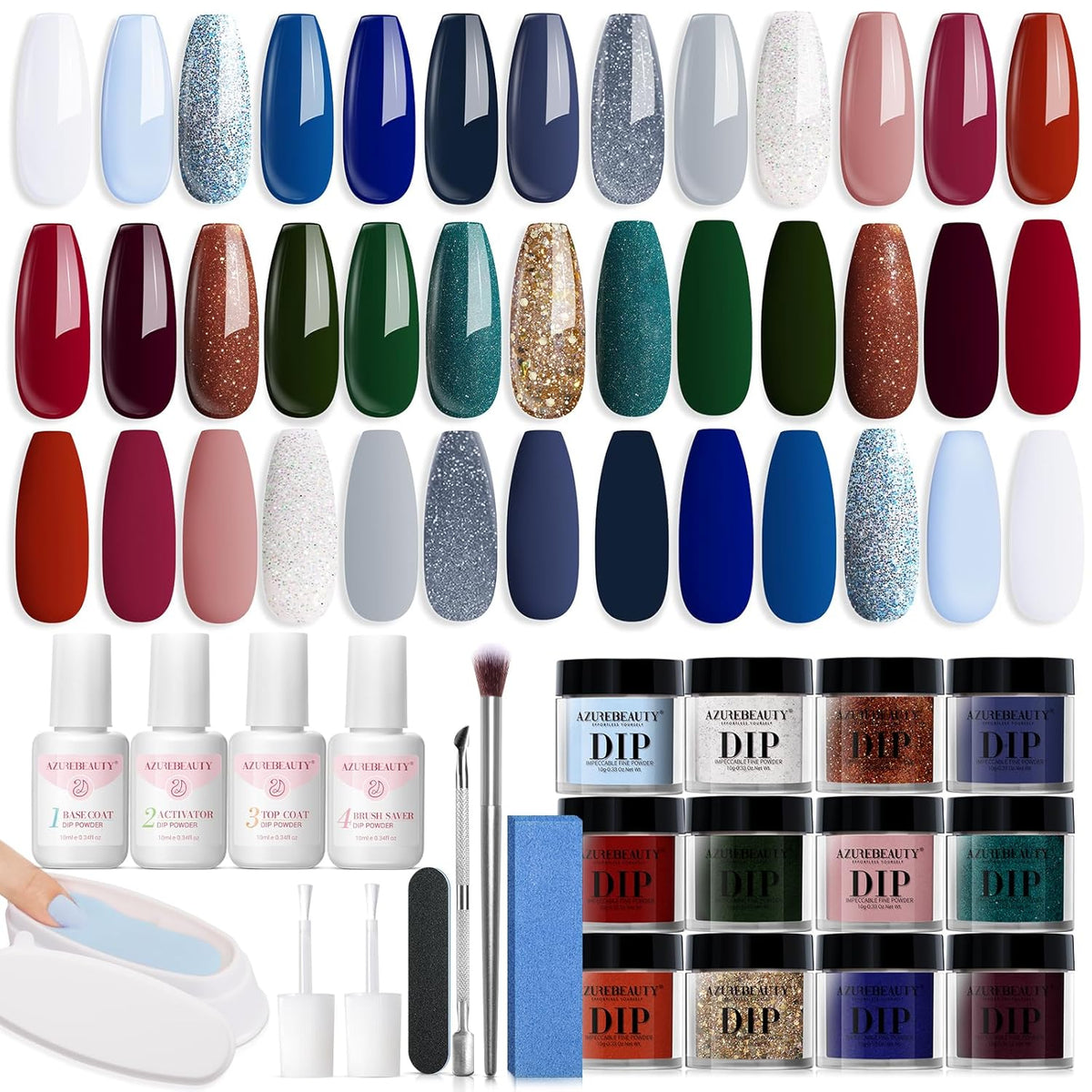 AZUREBEAUTY Dip Powder Nail Kit Starter Spring Summer Blue Red Green Glitter 31 Pcs 20 Colors