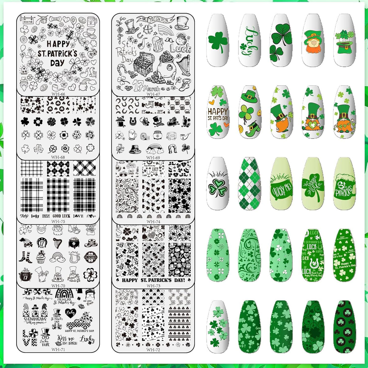 Whaline 10Pcs St. Patrick's Day Nail Art Stamping Plates Kit Shamrock Gnome Image Stamp Templates