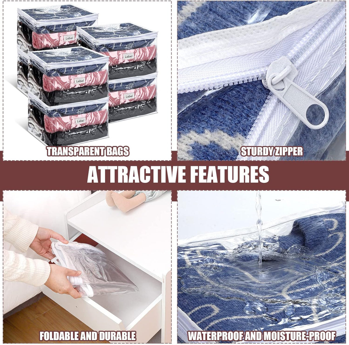 Hoolerry 6 Pieces Sweater Storage Bags Plastic Clear PVC Clothes Storage Bags with Zipper and Label