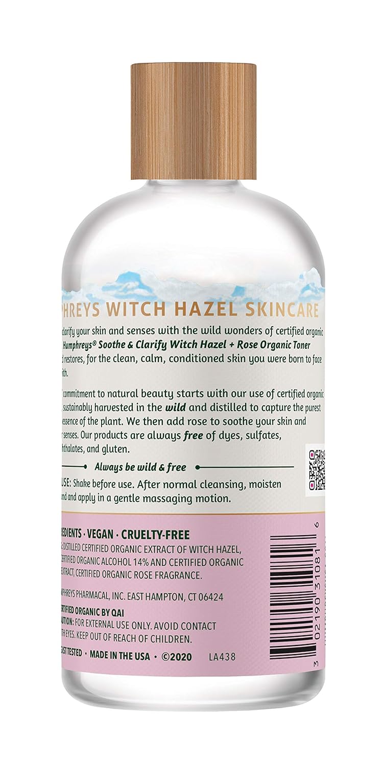 Humphreys Witch Hazel Refining Toner | Wild Harvested Witch Hazel & Rose | USDA Organic | Natural |