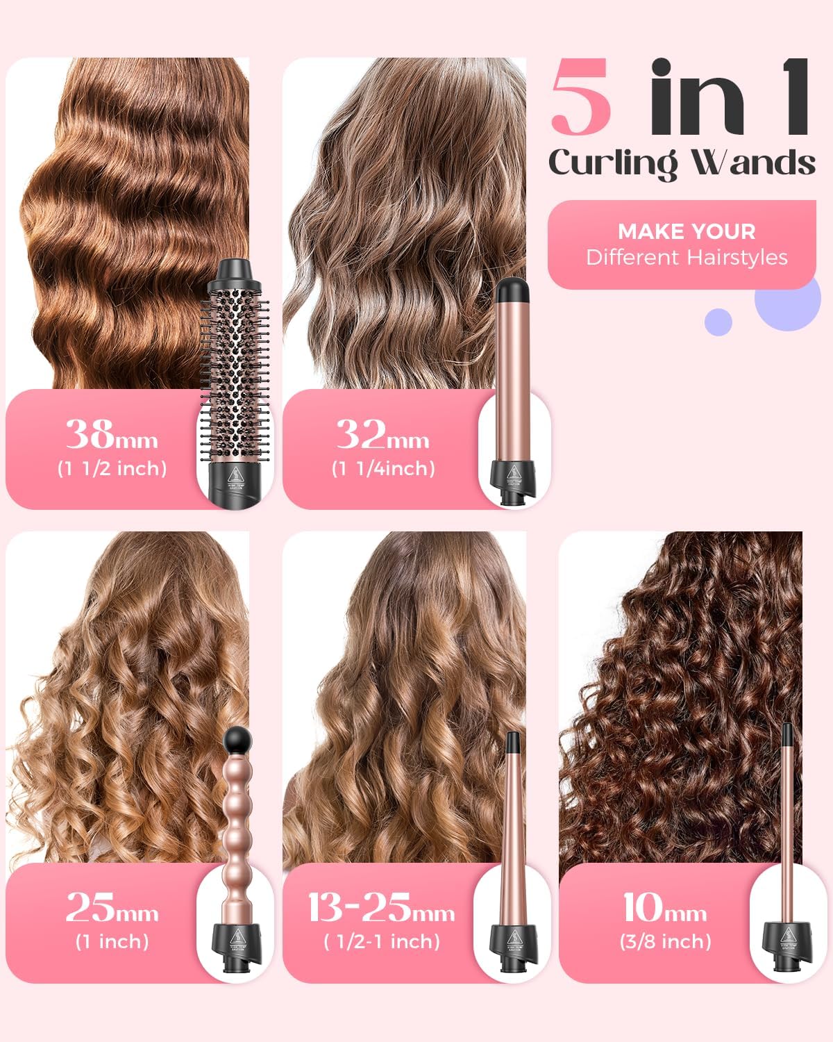 5 in 1 Wand Curling Iron Set, Hair Styling Tools with Thermal Brush and 4 Interchangeable Ceramic
