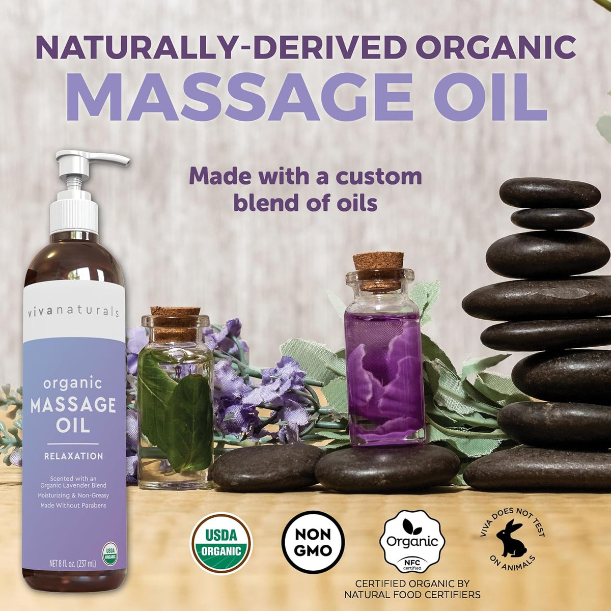 Viva Naturals Organic Massage Oil (8 fl. oz.) - Lavender Scented Non-Greasy Body Massage Oil with
