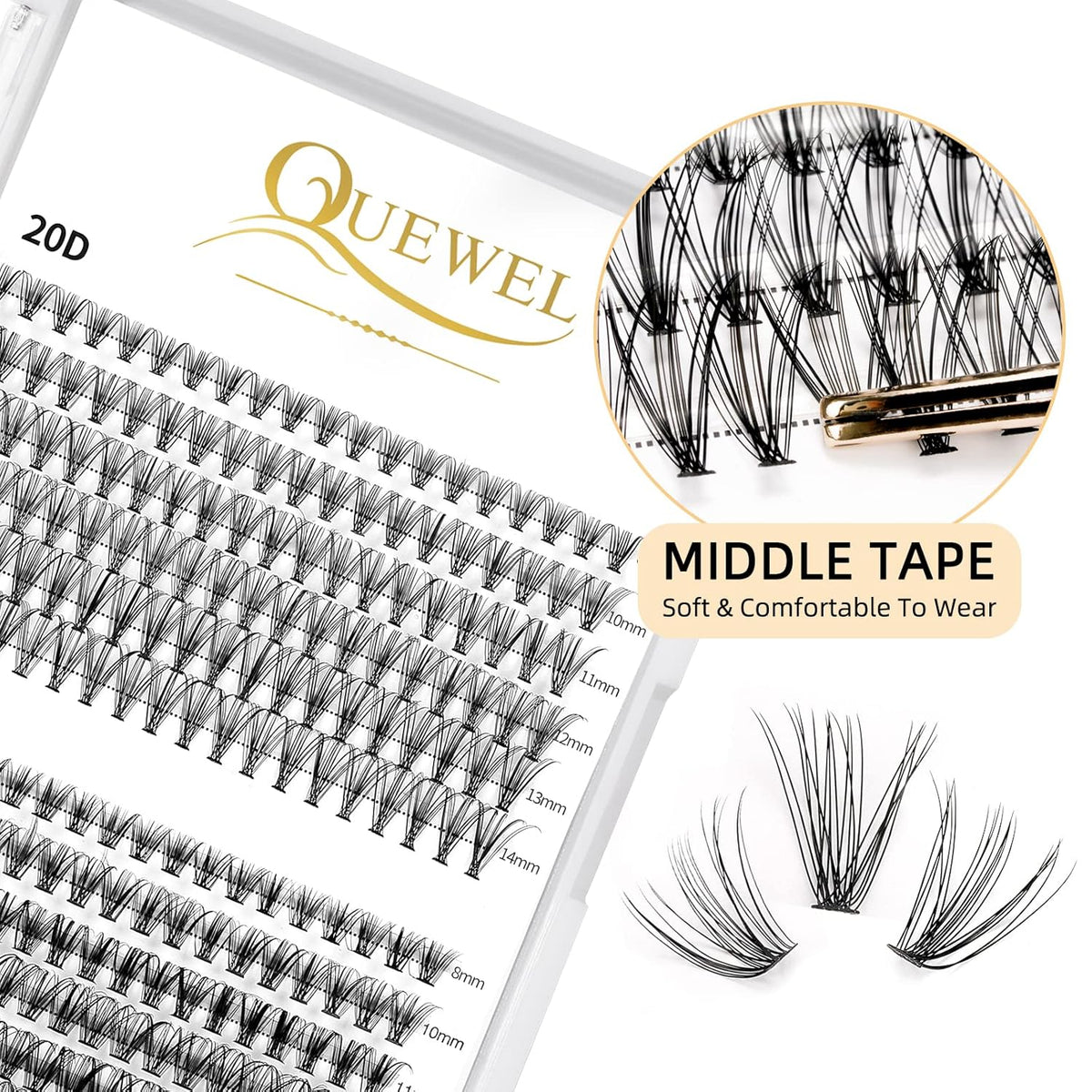 QUEWEL Lash Clusters 240Pcs Individual Lashes 20D+30D C Curl 8-14mm Length DIY Lash Extension Soft
