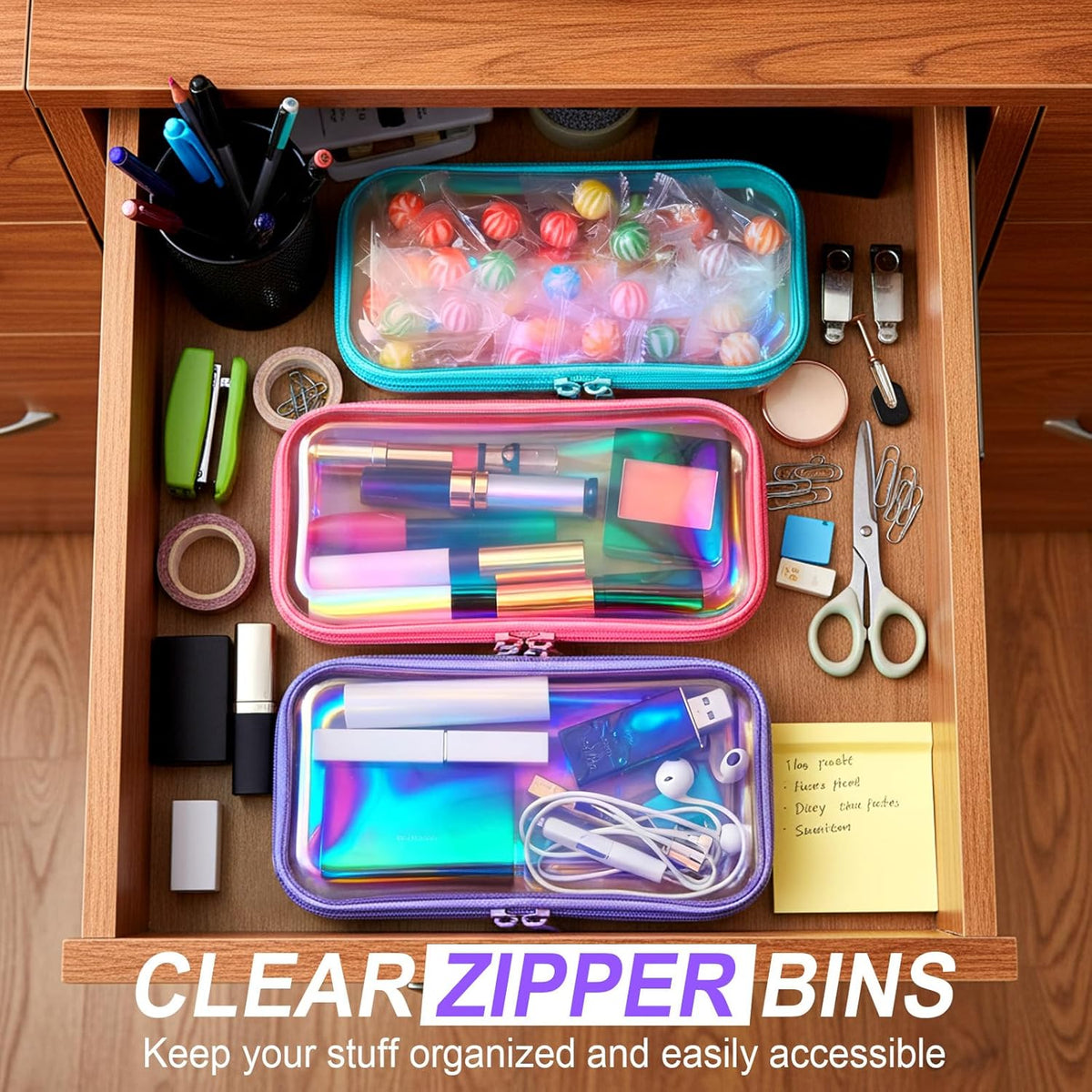 Hoolerry 3 Pcs Clear Hard Zipper Case Plastic Pouch Transparent Hard Case Clear Makeup Bag Portable