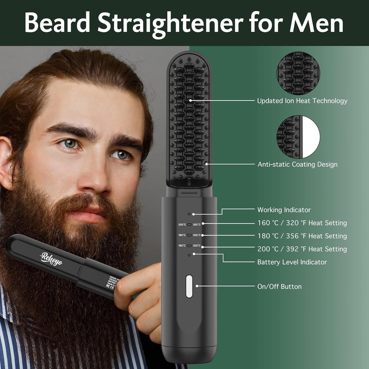 Beard Straightener for Men, Portable Cordless Heated Hair & Beard Straightening Brush with