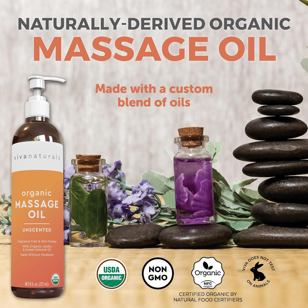 Viva Naturals Organic Massage Oil Unscented (8 fl. oz.) - Non-Greasy Body Oil with Mess-Free Pump