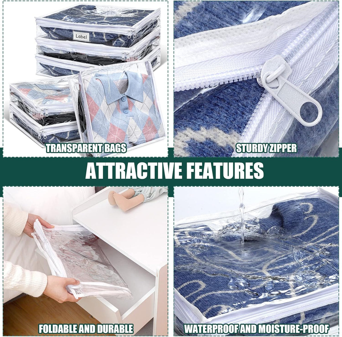 Hoolerry 6 Pieces Sweater Storage Bags Plastic Clear PVC Clothes Storage Bags with Zipper and Label