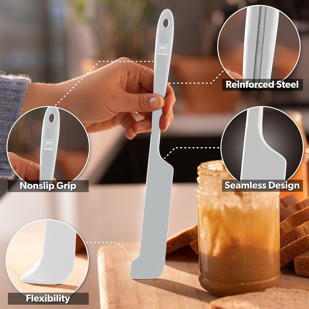 DI ORO Silicone Jar Spatulas for Scraping - Rubber Spatulas Silicone Heat Resistant - Kitchen