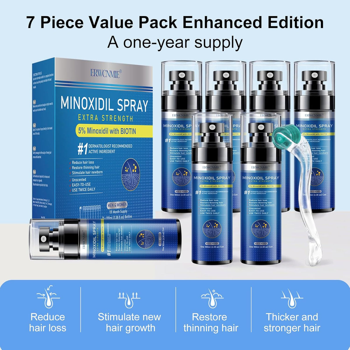 5% Minoxidil Spray for Men and Women-7 pack, Infused with Biotin, Beard Growth, Extra Strength