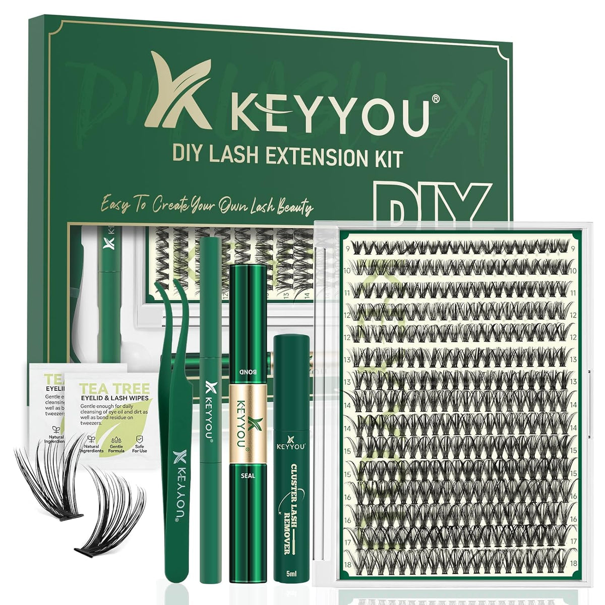 KEYYOU Lash Extension Kit DIY 300Pcs Lash Clusters Eyelash Extension Kit 40D 0.07 D Curl 9-18MIX