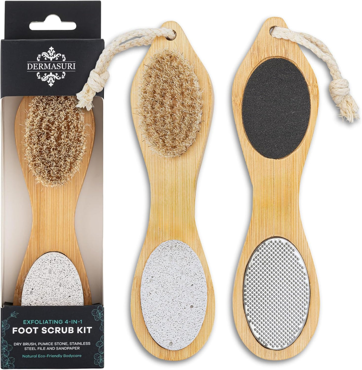 Dermasuri 4 in 1 Exfoliating Foot Scrub Kit - Multi Purpose Foot Care - Natural Bamboo Pedicure