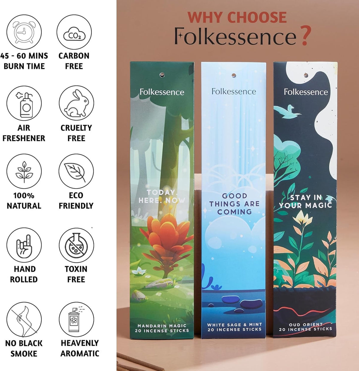 Folkulture Incense Sticks | Set of 6 (120 Non Toxic Insence-Sticks) with 45 Mins Burn Time | White