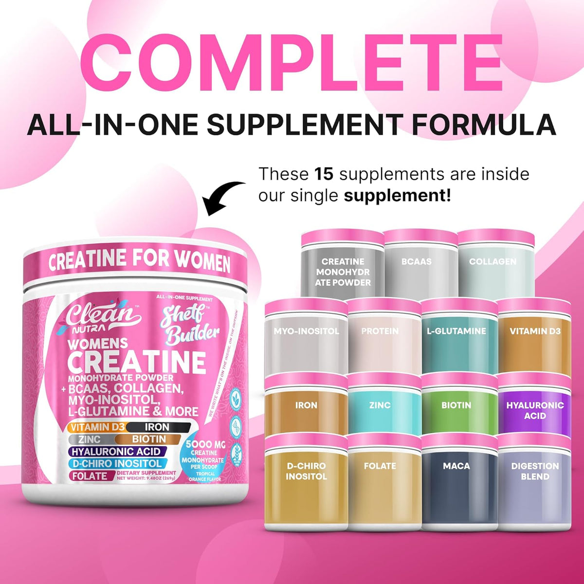 Creatine for Women | Creatine Monohydrate + BCAA Powder Myo-Inositol Collagen Biotin Hyaluronic