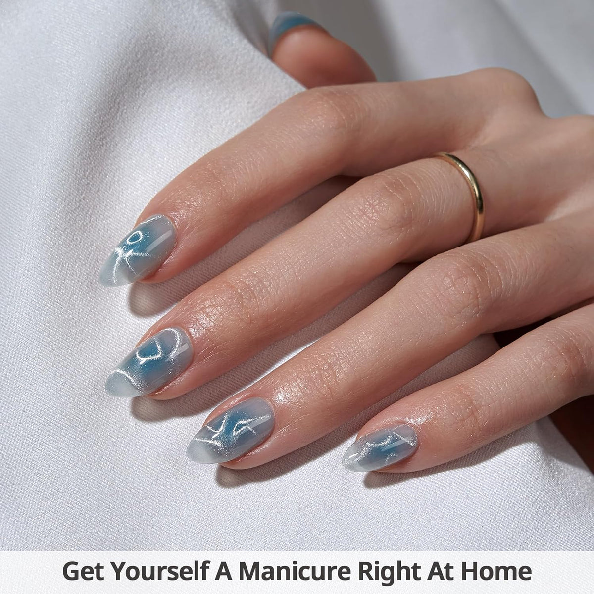 BTArtbox Press On Nails Short - Lamp-Curable Sparkly Blue Almond Press On Nails with Glue for