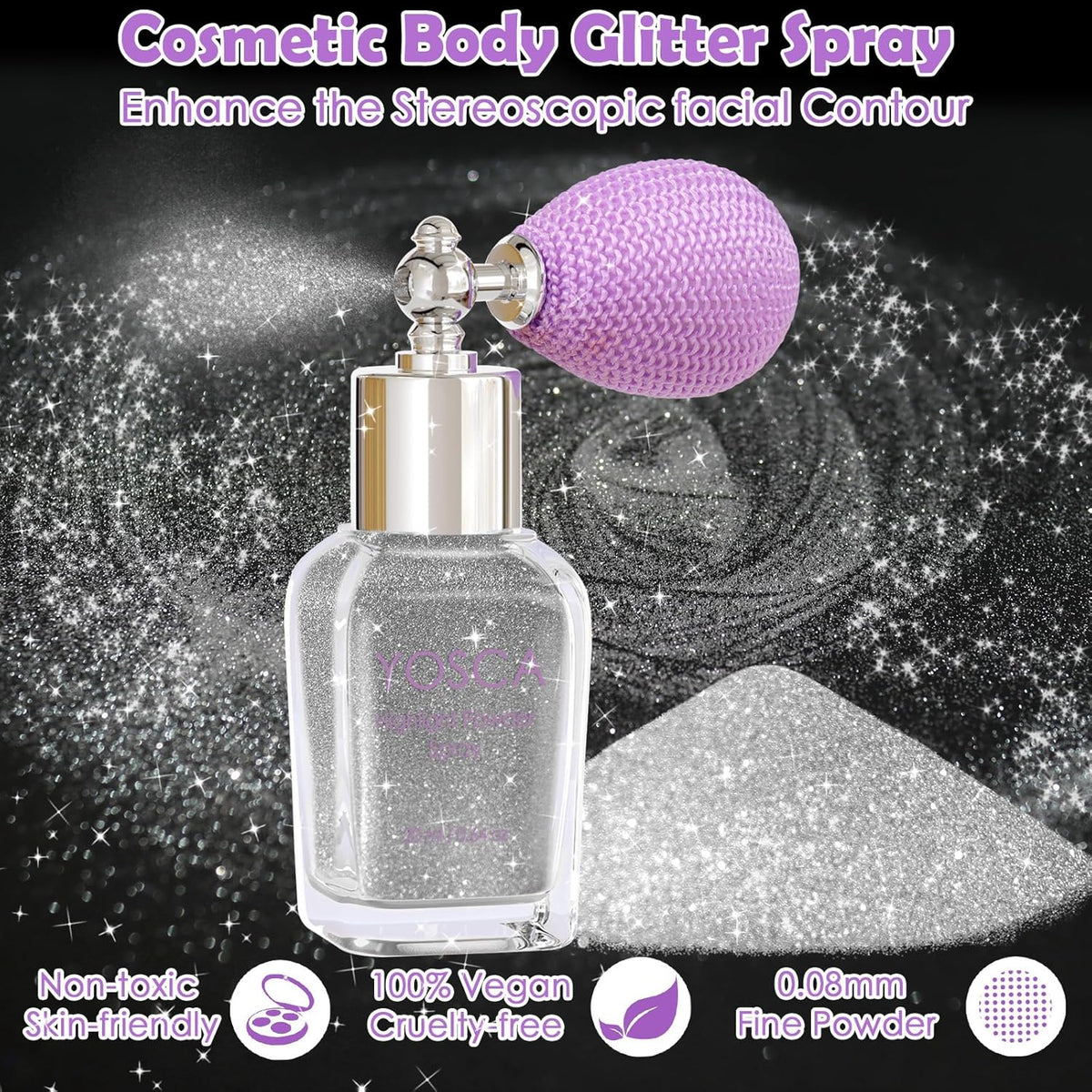 Yosca Body Glitter Spray, 30ML Loose Body Shimmer Powder Hair Spray Silver Glitter Sparkle