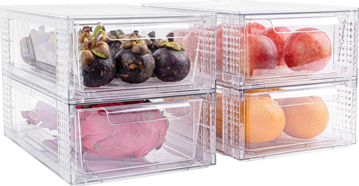 4 Pack Clear Stackable Storage Drawers, 3.95" H Easily Assemble Acrylic Organizer Bins - Multi-Use