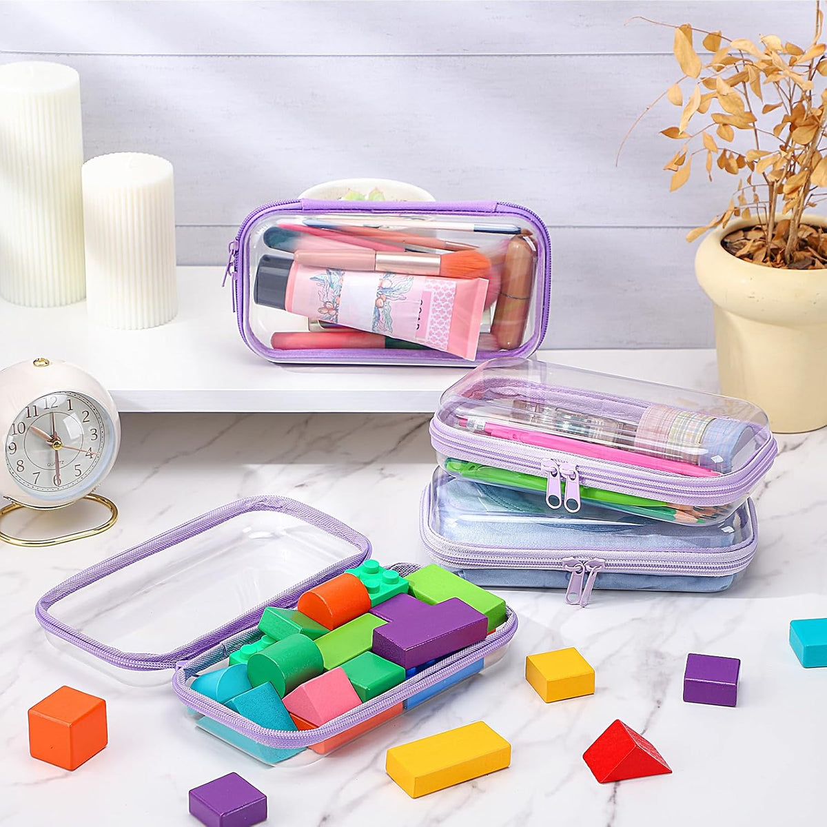 Hoolerry 4 Pcs Hard Clear Zipper Case Makeup Bags Plastic Pencil Pouch Transparent Storage Box