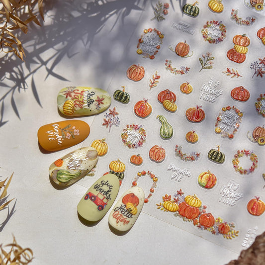 1 Sheet Pumpkin Nail Stickers 3D Self-Adhesive Garland Nail Art Stickers Flower Nail Decals 5D