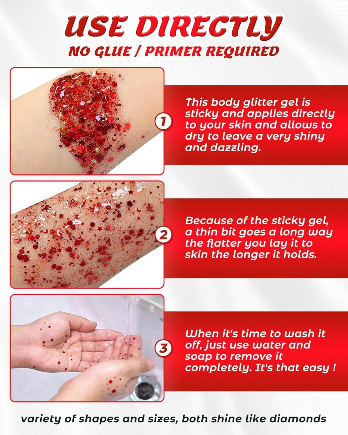 6PCS Red Face Body Glitter Gel，Holographic Chunky Sequins Body Glitter Paint for Party Singer
