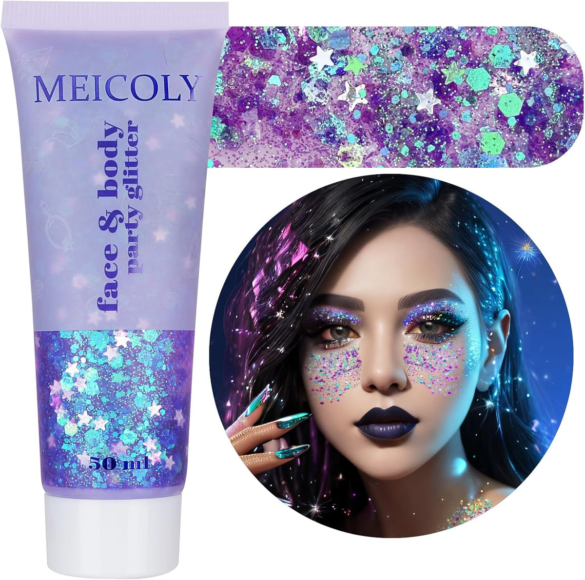 MEICOLY Light Purple Body Glitter,Chameleon Purple Mermaid Face Glitter,Mardi Gras Outfit for