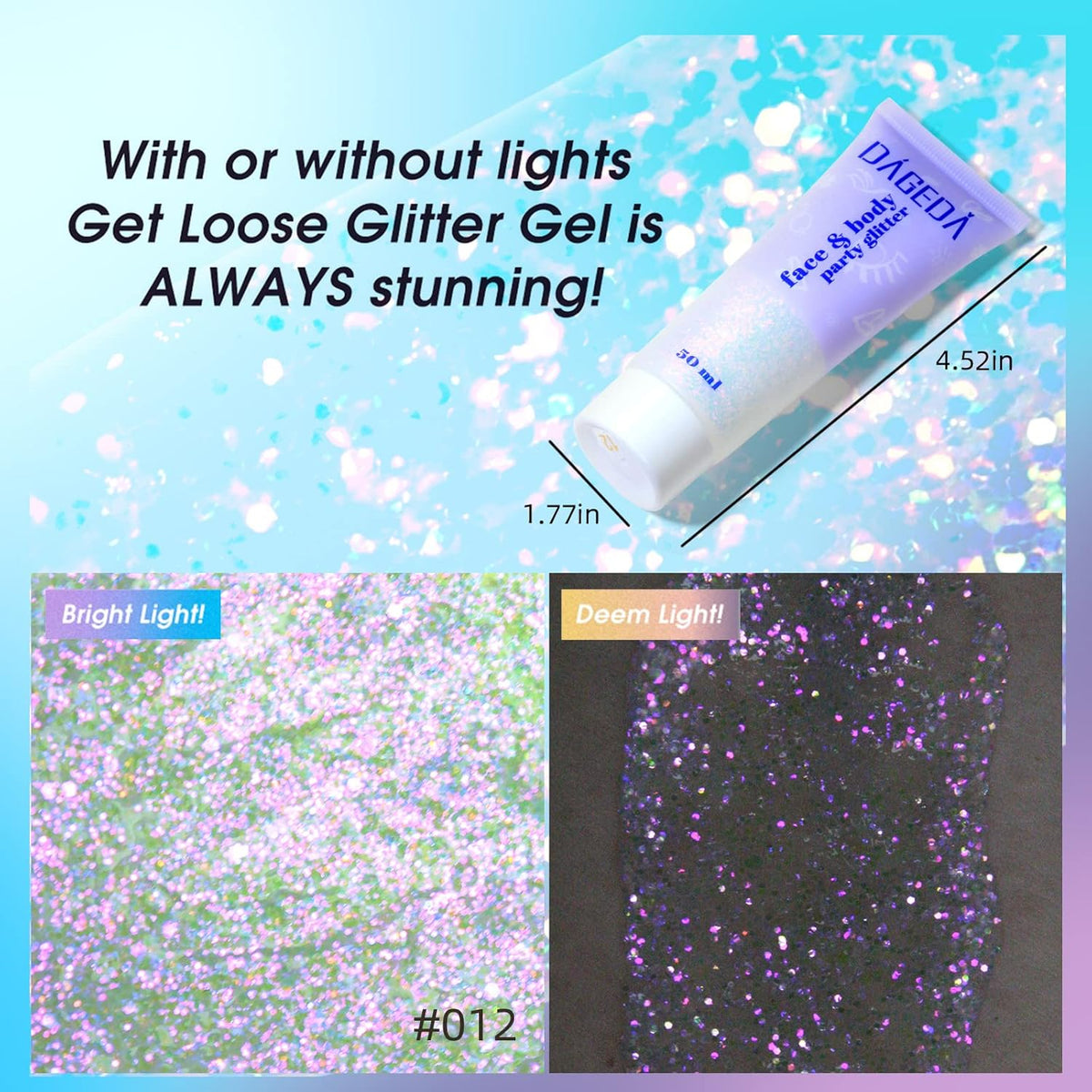 DAGEDA Body Glitter Gel, Holographic Face Glitters Body Gel Shimmer Liquid Eyeshadow, Color