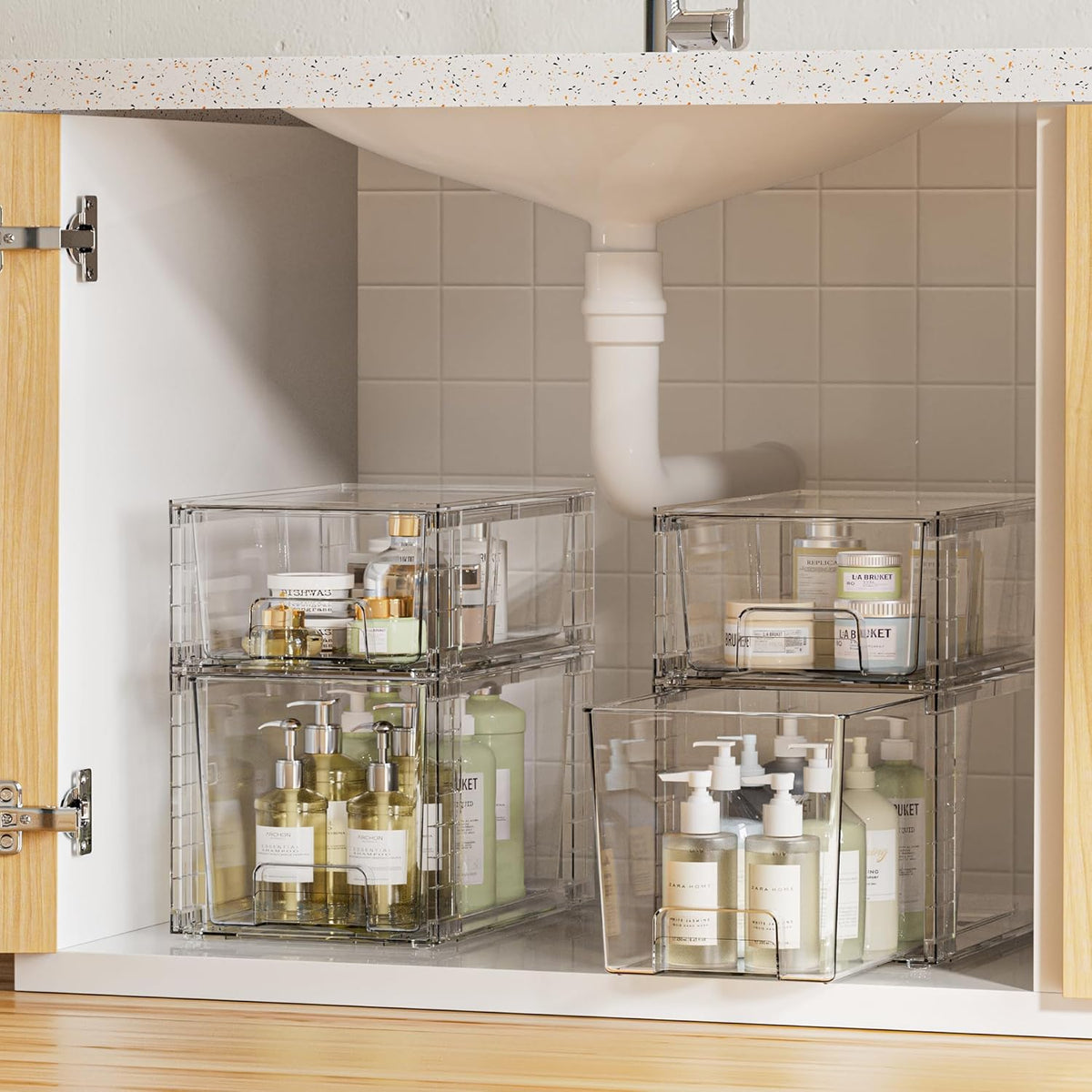 Vtopmart 4 Pack Clear Stackable Storage Drawers,Easy to Assemble Bathroom Organizers and Storage